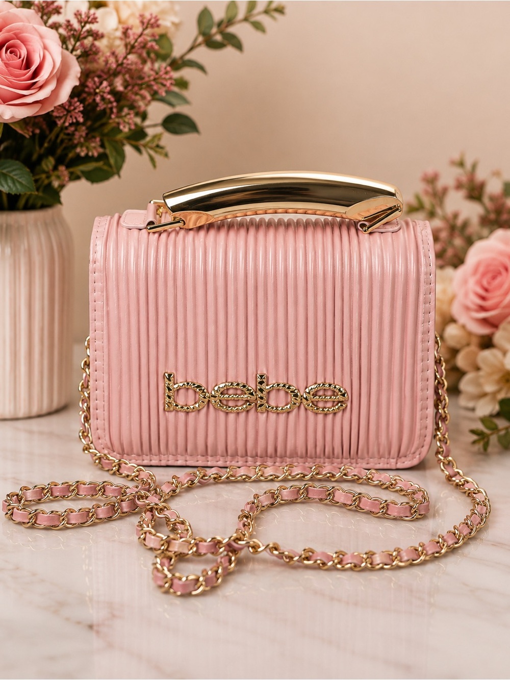 bebe Pink Quilted Crossbody with Gold Accents